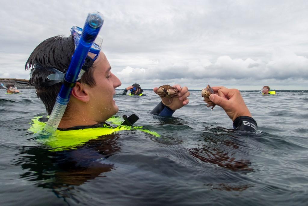 一名穿着浮潜装备的学生手持小活蟹浮在海面上
